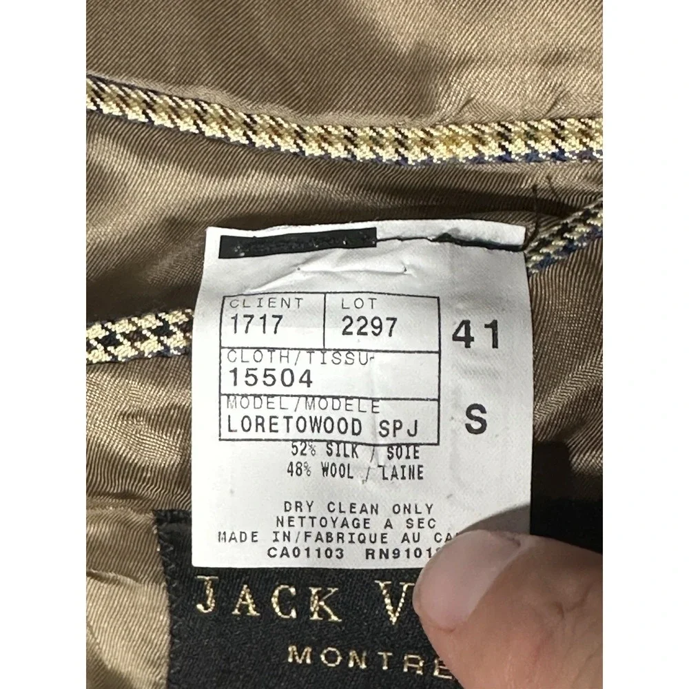 Jack Victor Mens Tan Houndstooth Plaid Blazer 41S Silk Wool E Thomas Fabric EUC